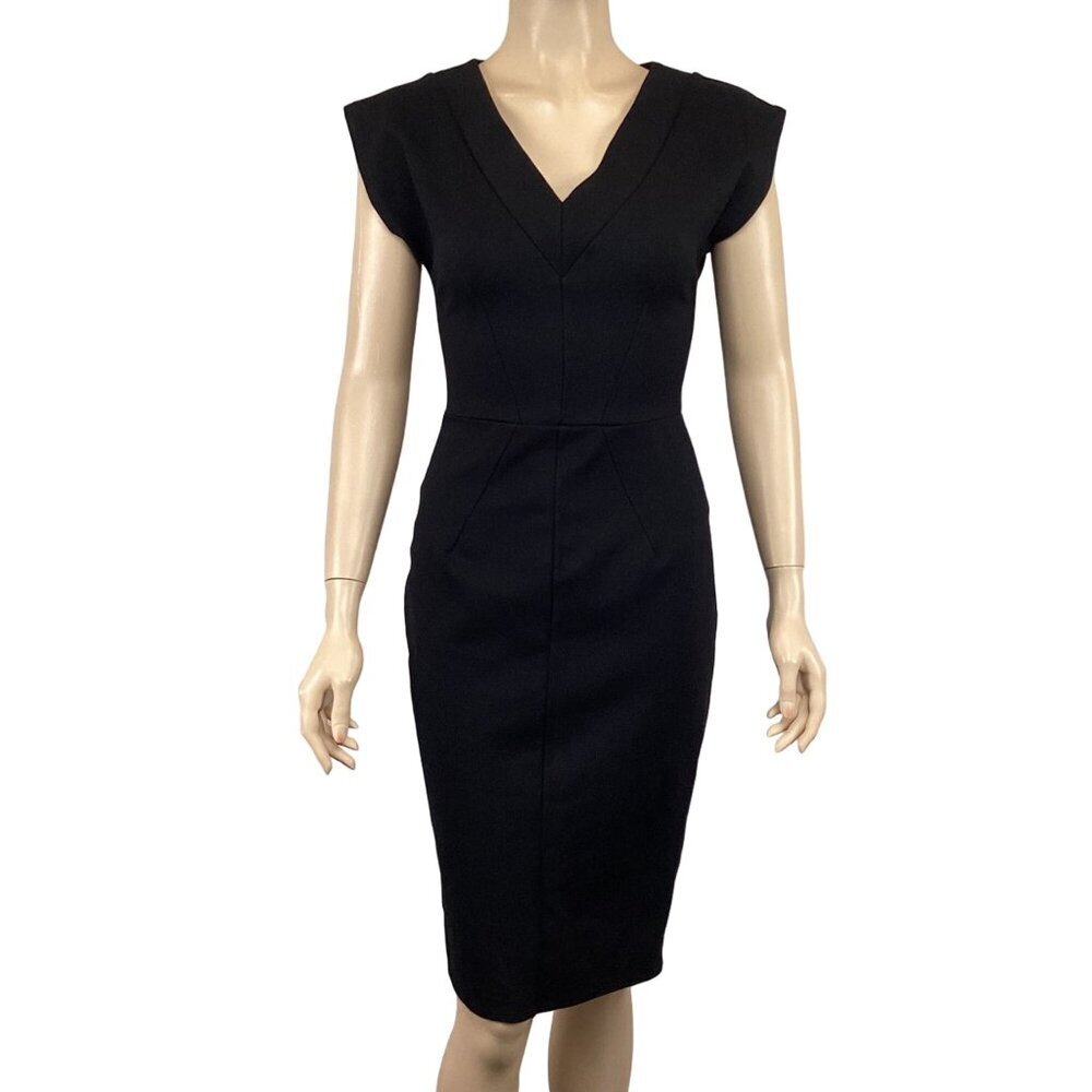Closet London Black V-Neck Fitted Dress‎ Size 4 Form Fitting Fully Lined